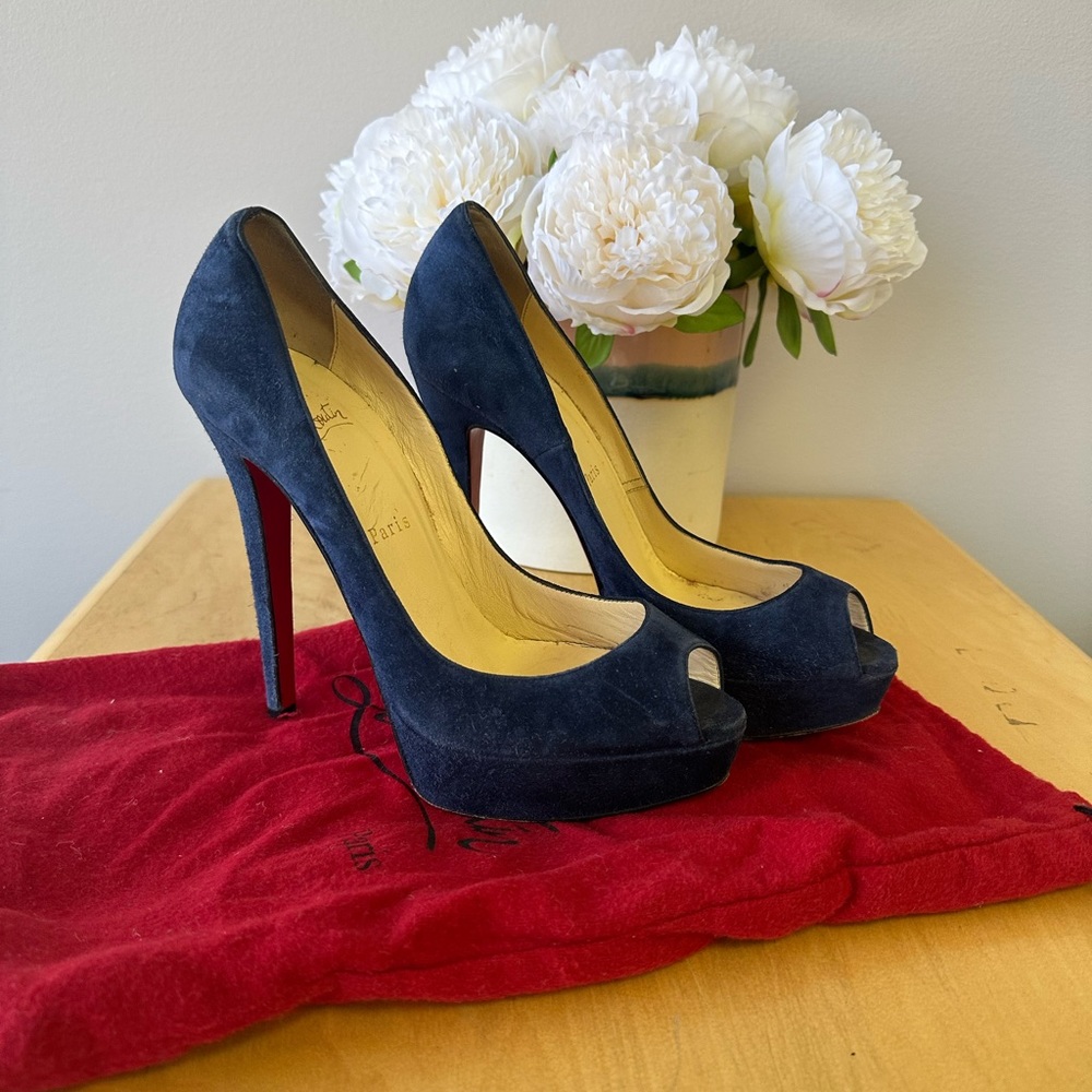 Christian Louboutin navy blue suede peep toe pumps size 38